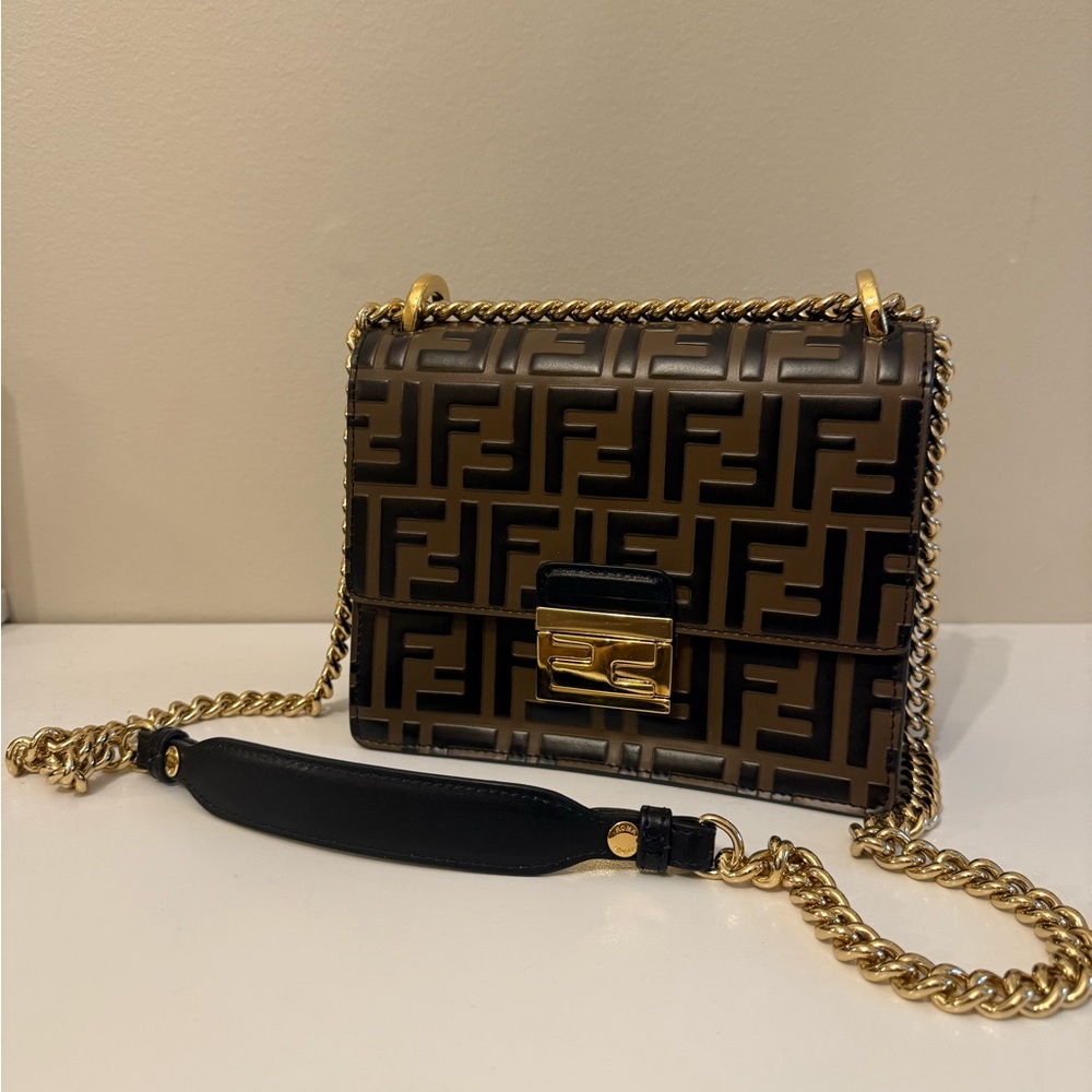 Fendi Black and Brown Crossbody Bag with Gold Chain